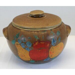 VTG 1970s Studio Pottery Lidded Stoneware Casserole Hand Painted Fruit USA 64 oz